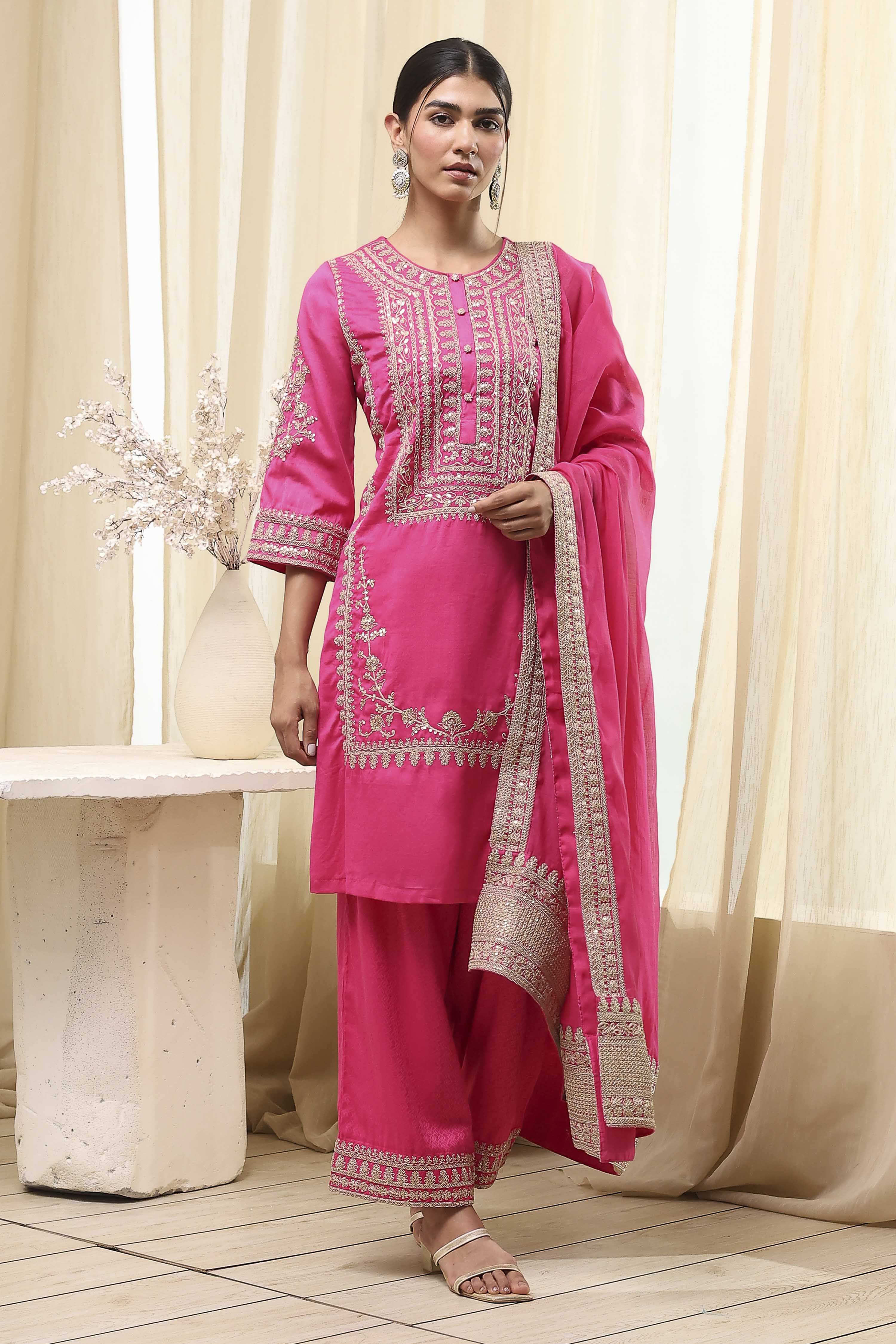 Fuchsia Cotton Silk Straight Suit Set image number 0