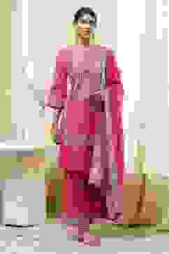 Fuchsia Cotton Silk Straight Suit Set image number 0