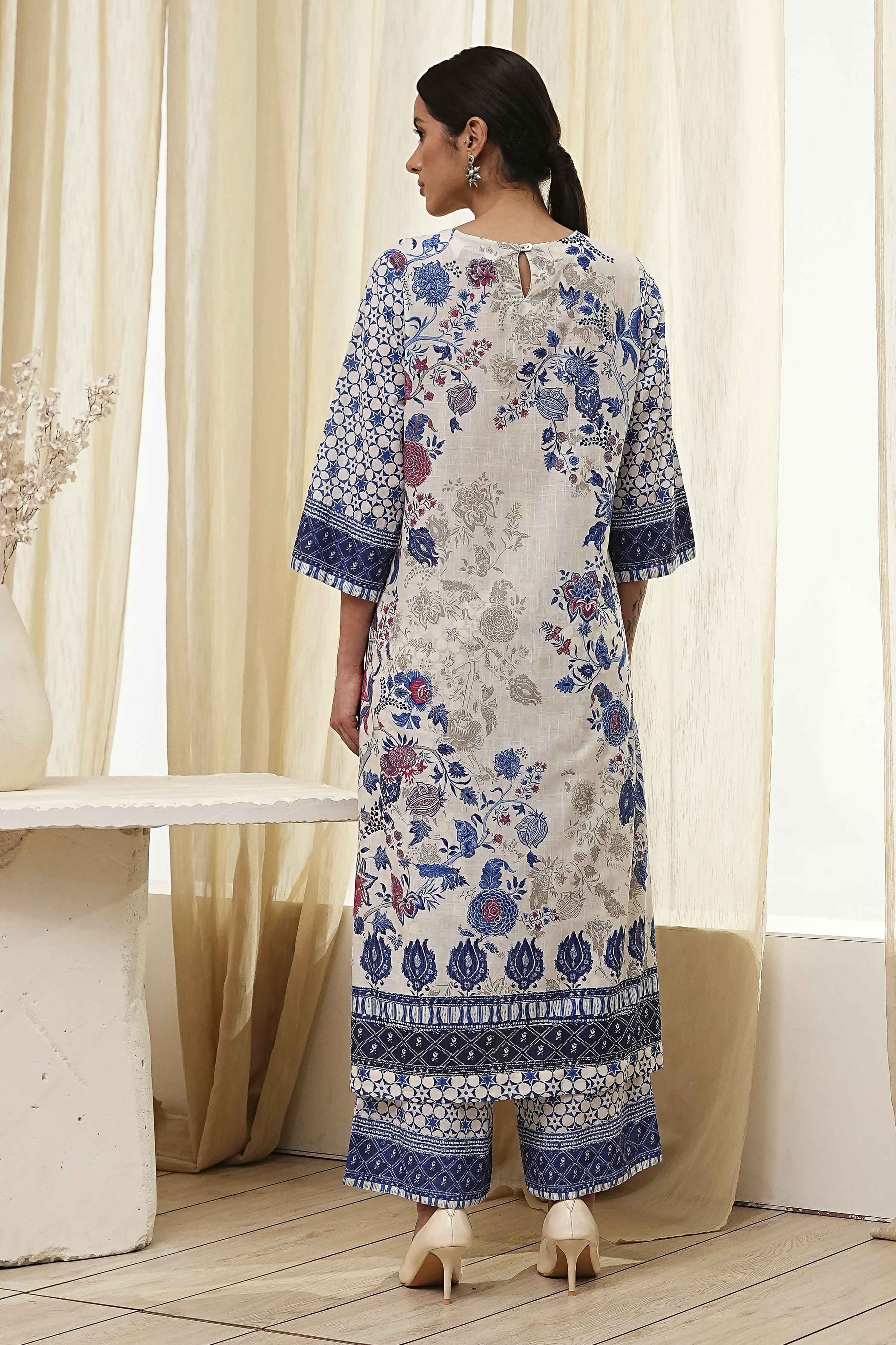 Off-White and Blue Cotton Straight Suit Set image number 4