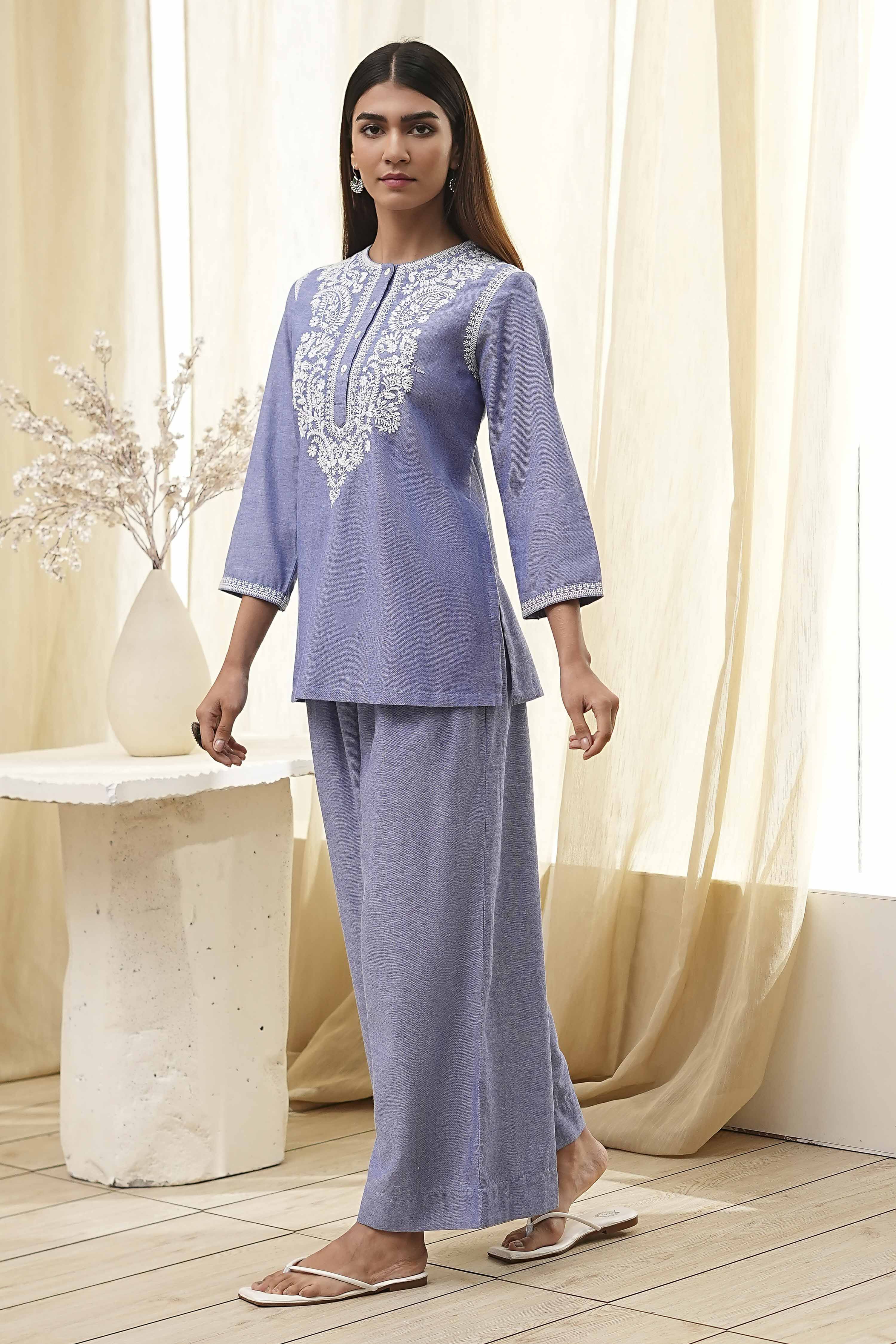 Dull Blue Cotton Straight Co-ord Set image number 3