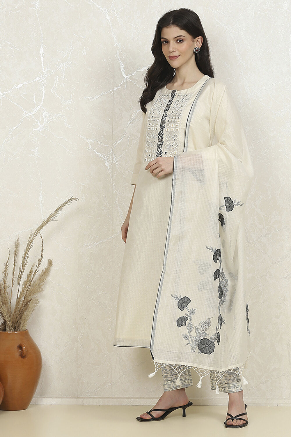 Off-White Cotton Machine Embroidered Unstitched Suit Set image number 4