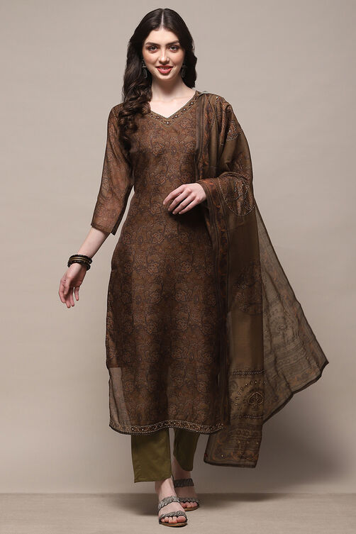 Olive Chanderi Unstitched Suit Set image number 1