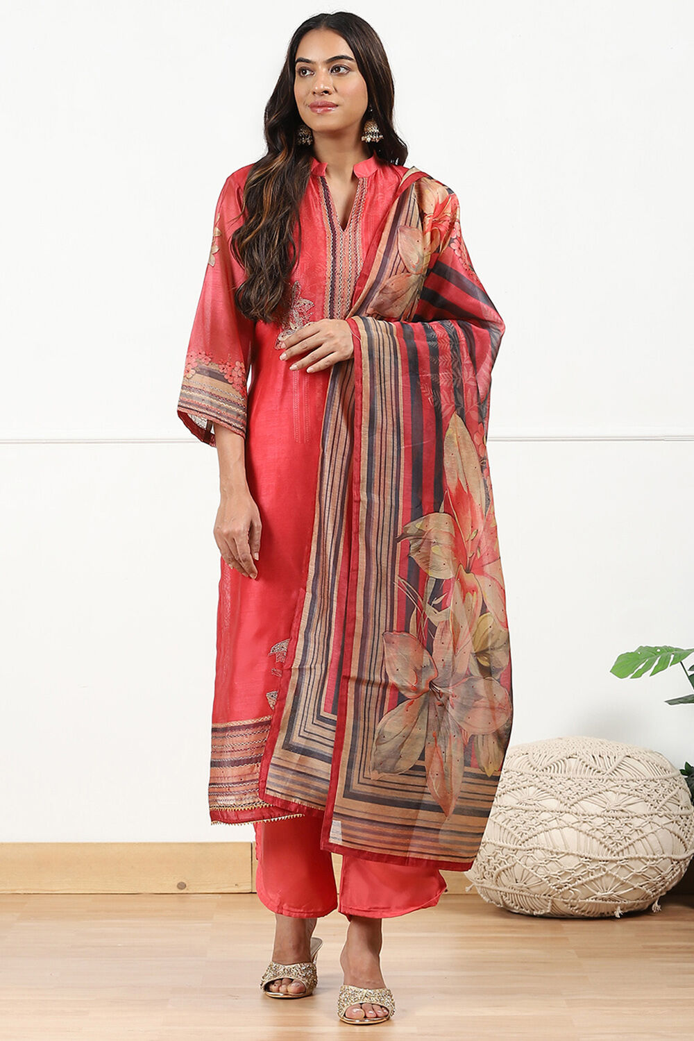 Blue Chanderi Floral Printed Unstitched Suit Set image number 5