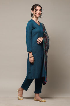 Peacock Blue Acrylic Straight Kurta Pant Suit Set image number 6