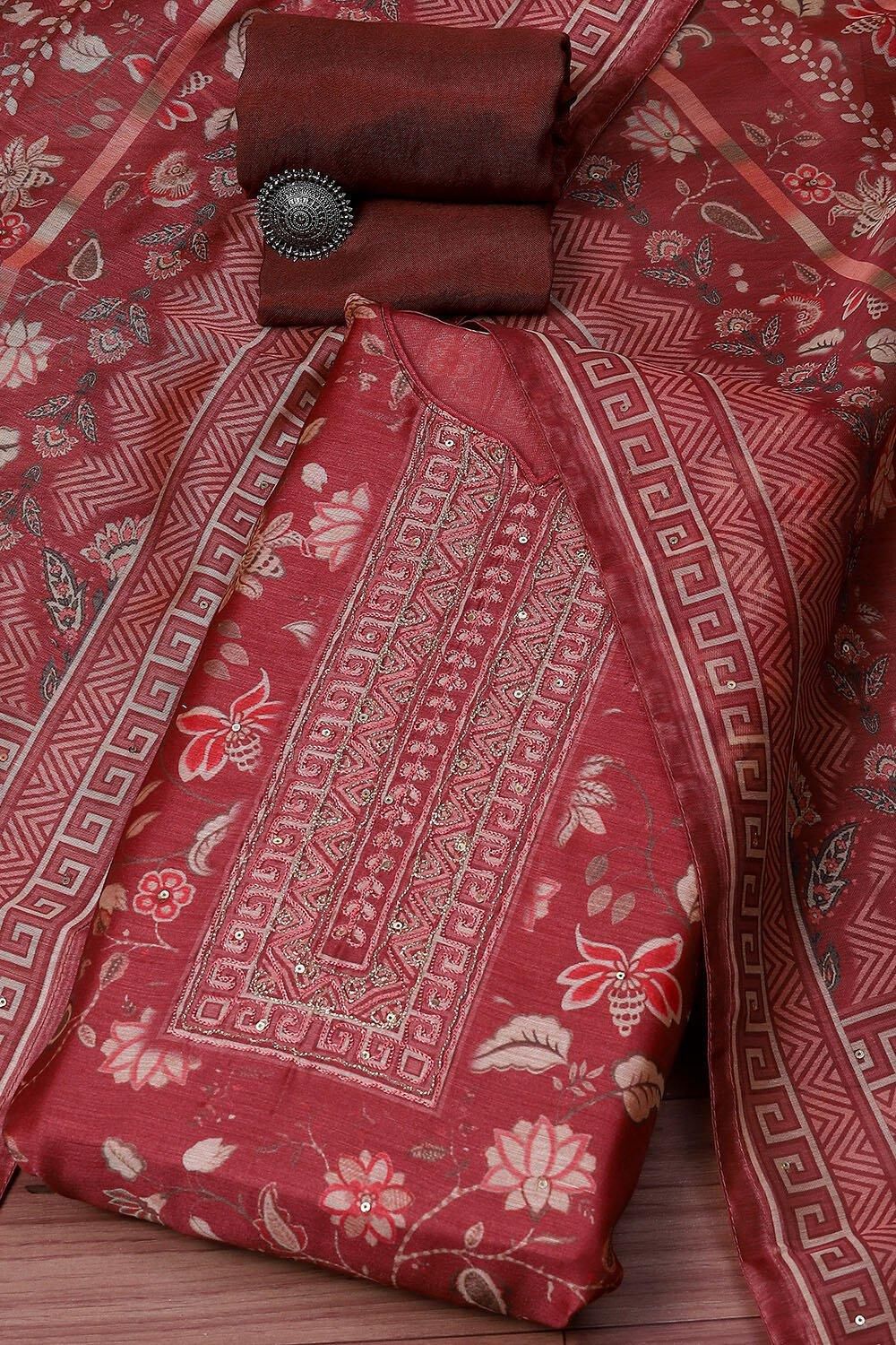 Maroon Chanderi Unstitched Suit Set image number 0