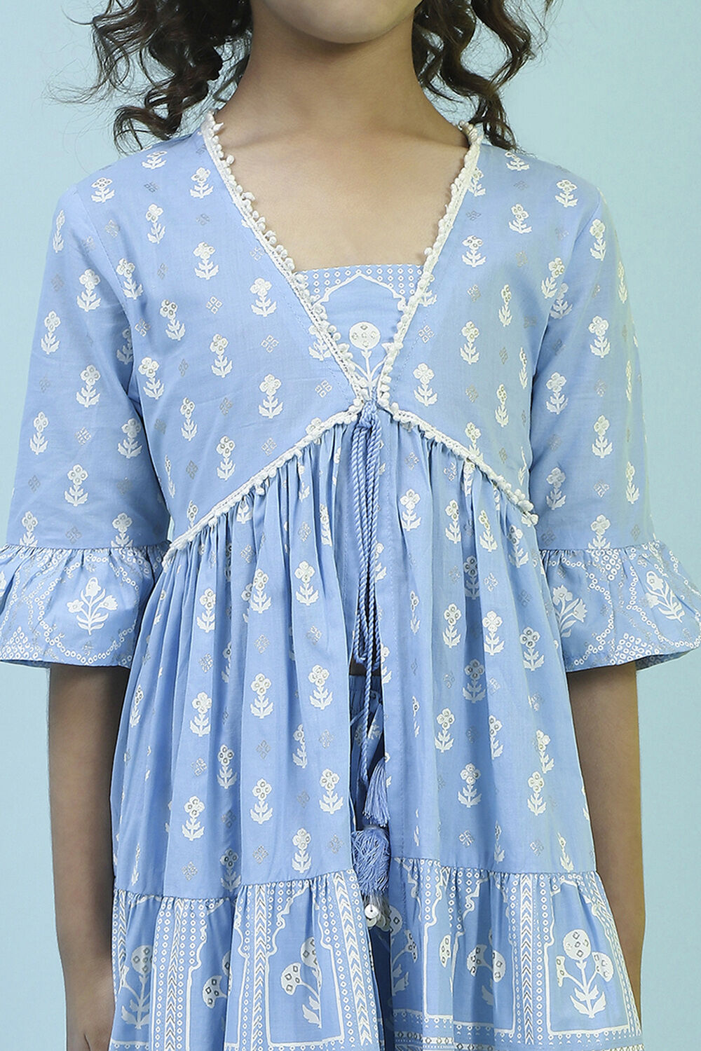 Powder Blue Cotton Tiered Kurta Set image number 1