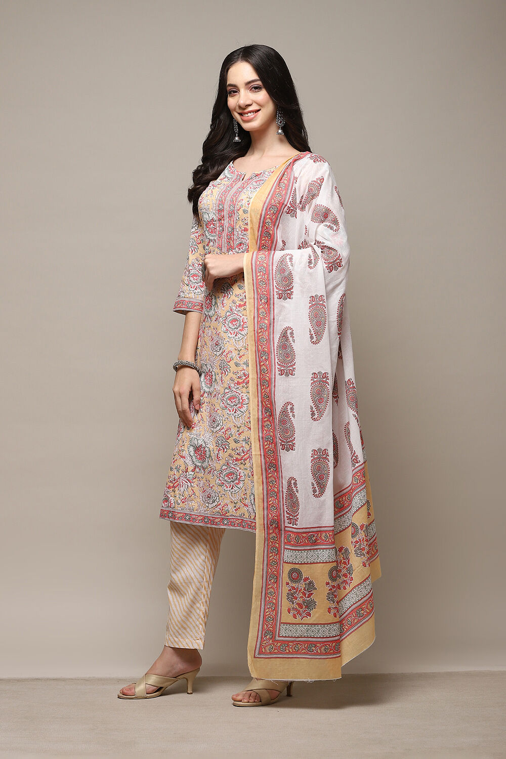 Dull Yellow Cotton Handloom Unstitched Suit Set image number 6