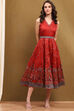 Red Dupion Floral Printed Flared Dress image number 5