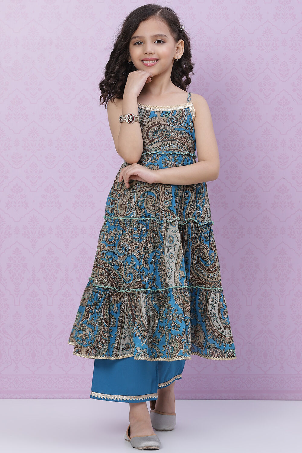 Blue Cotton Flared Printed Kurta Pant Set image number 0