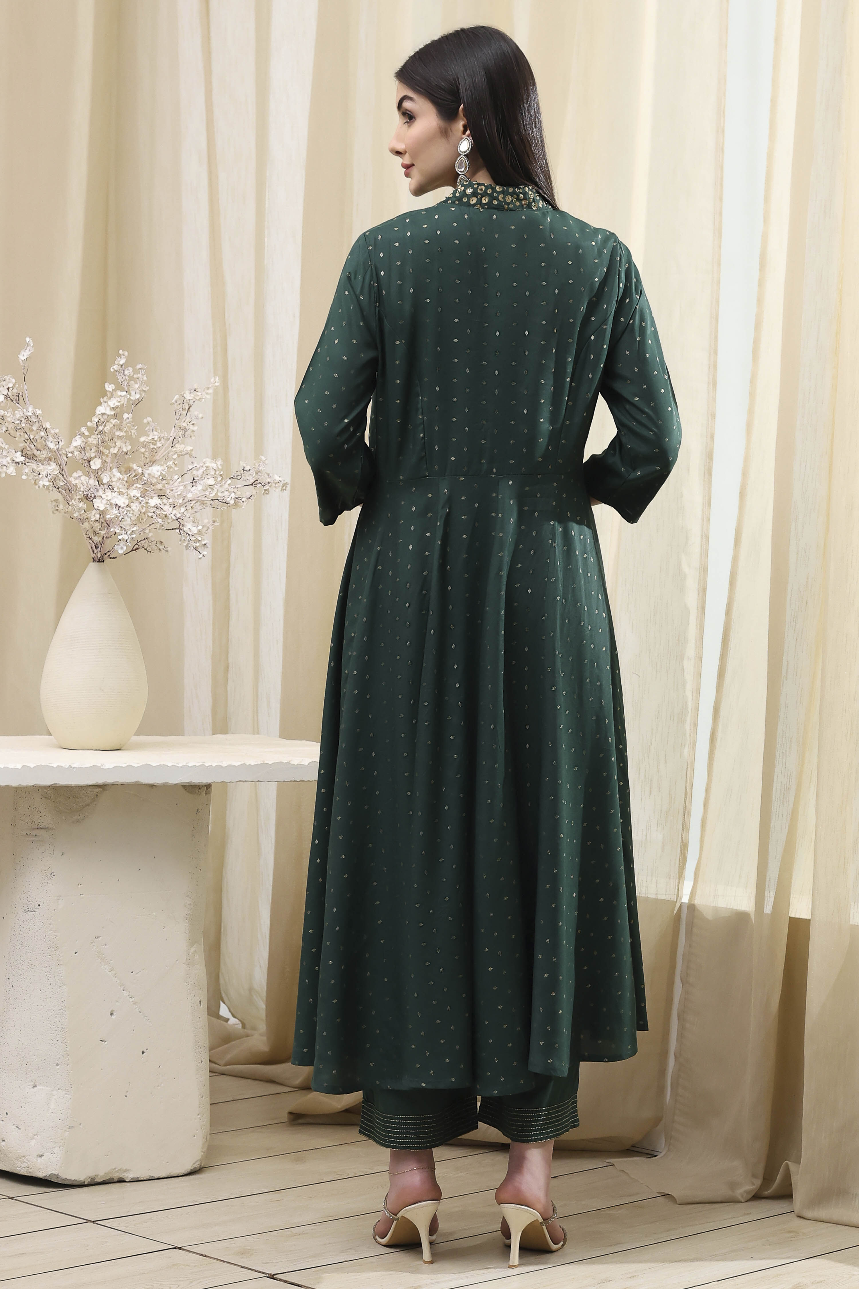 Dark Green Shantoon Printed Anarkali Suit Set image number 4