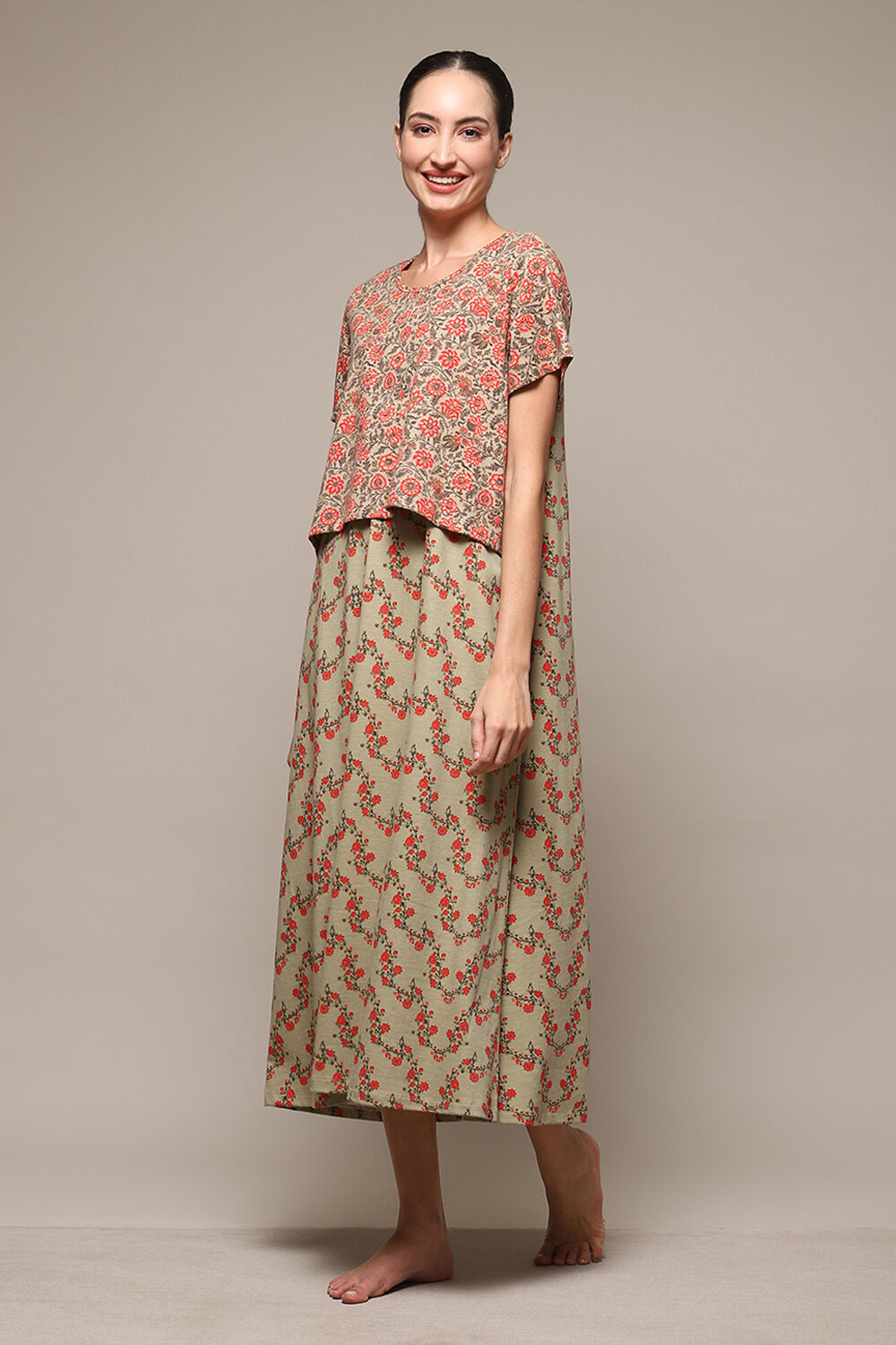 Sage Green Cotton Blend Printed Nightdress image number 2