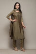 Olive Green Silk Blend Machine Embroidered Unstitched Suit Set image number 6