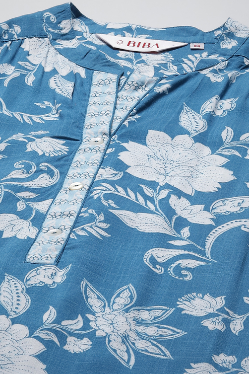 Sky Blue LIVA Straight Printed Kurta image number 5