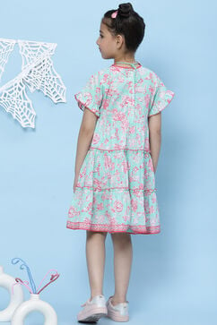 Turquoise Cotton Flared Printed Dress image number 4