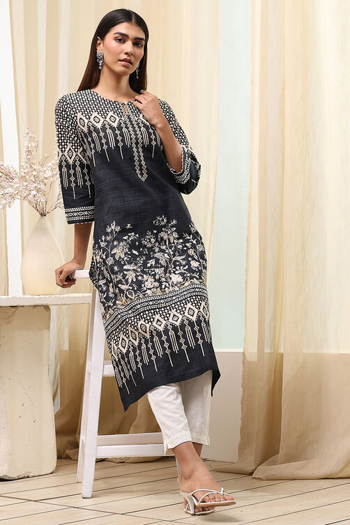 Black Cotton Straight Kurta image number 0