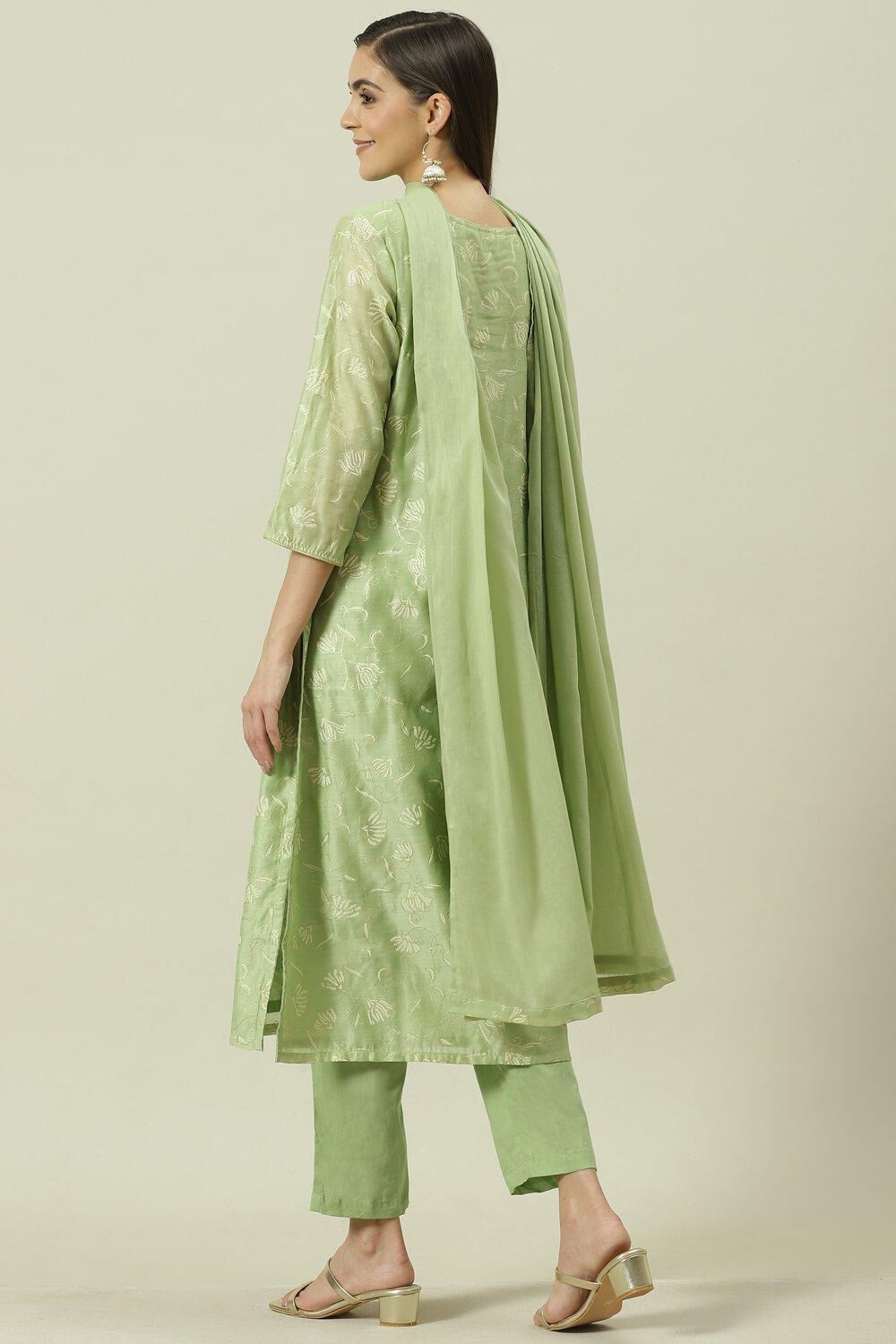 Sage Green Printed Straight Kurta Regular Pants Suit Set image number 4