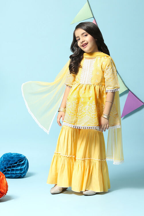 Yellow Cotton Blend Gathered Kurta Sharara Suit Set image number 0
