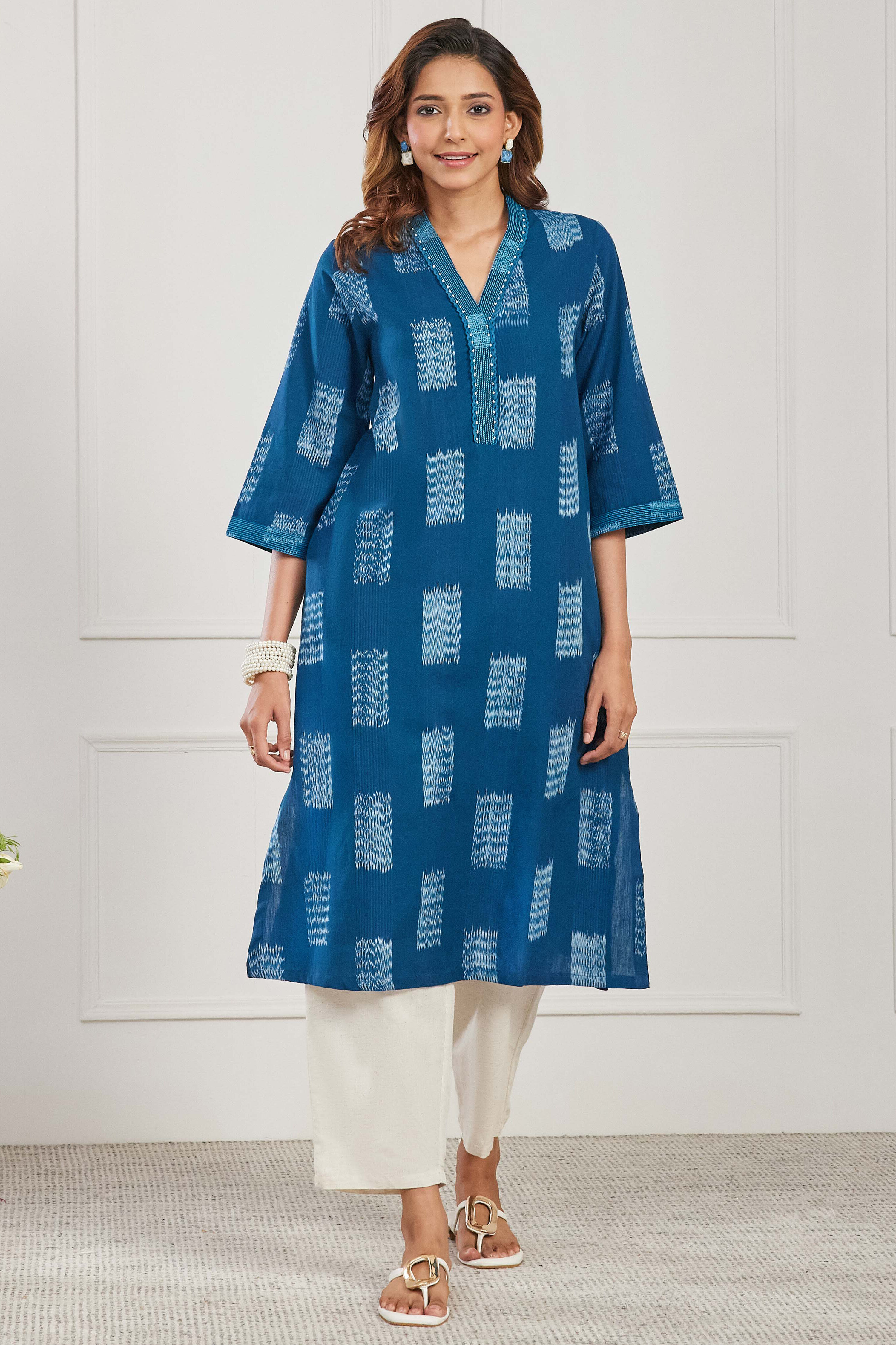 Teal Cotton Straight Kurta image number 0