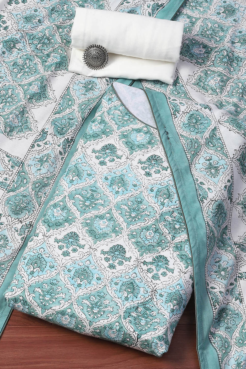 White Green Muslin Unstitched Suit set image number 0