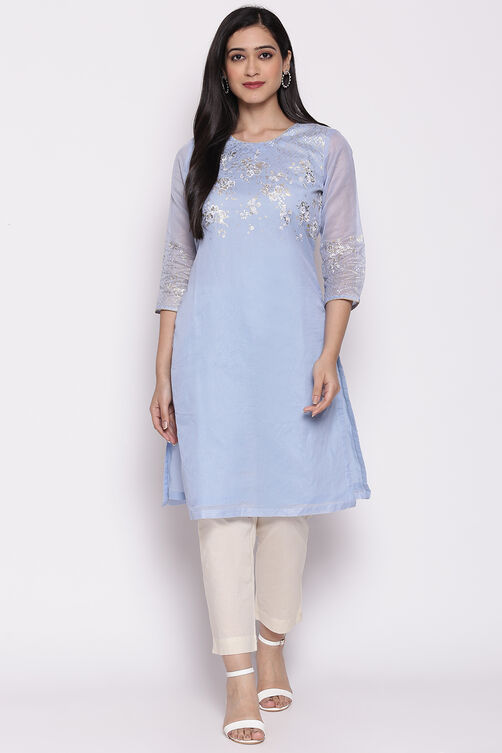 Blue Poly Cotton Printed Kurti image number 0