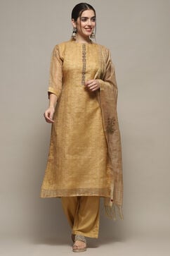 Earthy Yellow Chanderi Unstitched Suit set image number 8