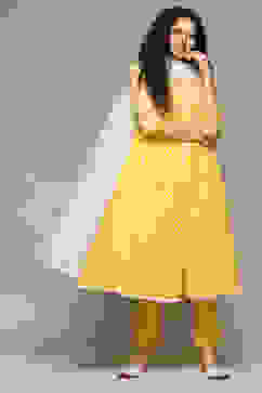 Yellow Cotton Anarkali Kurta Pants Suit Set image number 0