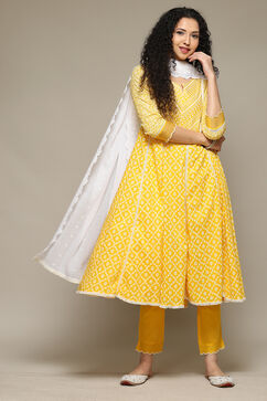 Yellow Cotton Anarkali Kurta Pants Suit Set image number 0