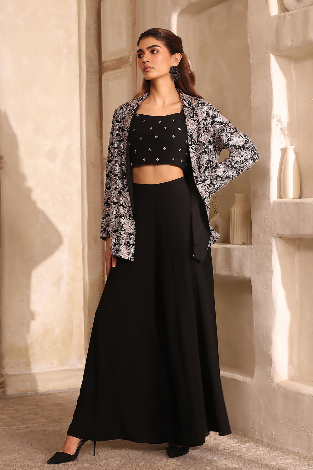 Black Poly Georgette Fitted Embroidered Fusion Set image number 3