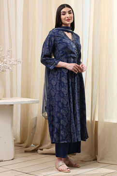 Navy Blue Printed Angrakha Style Anarkali Suit Set image number 5
