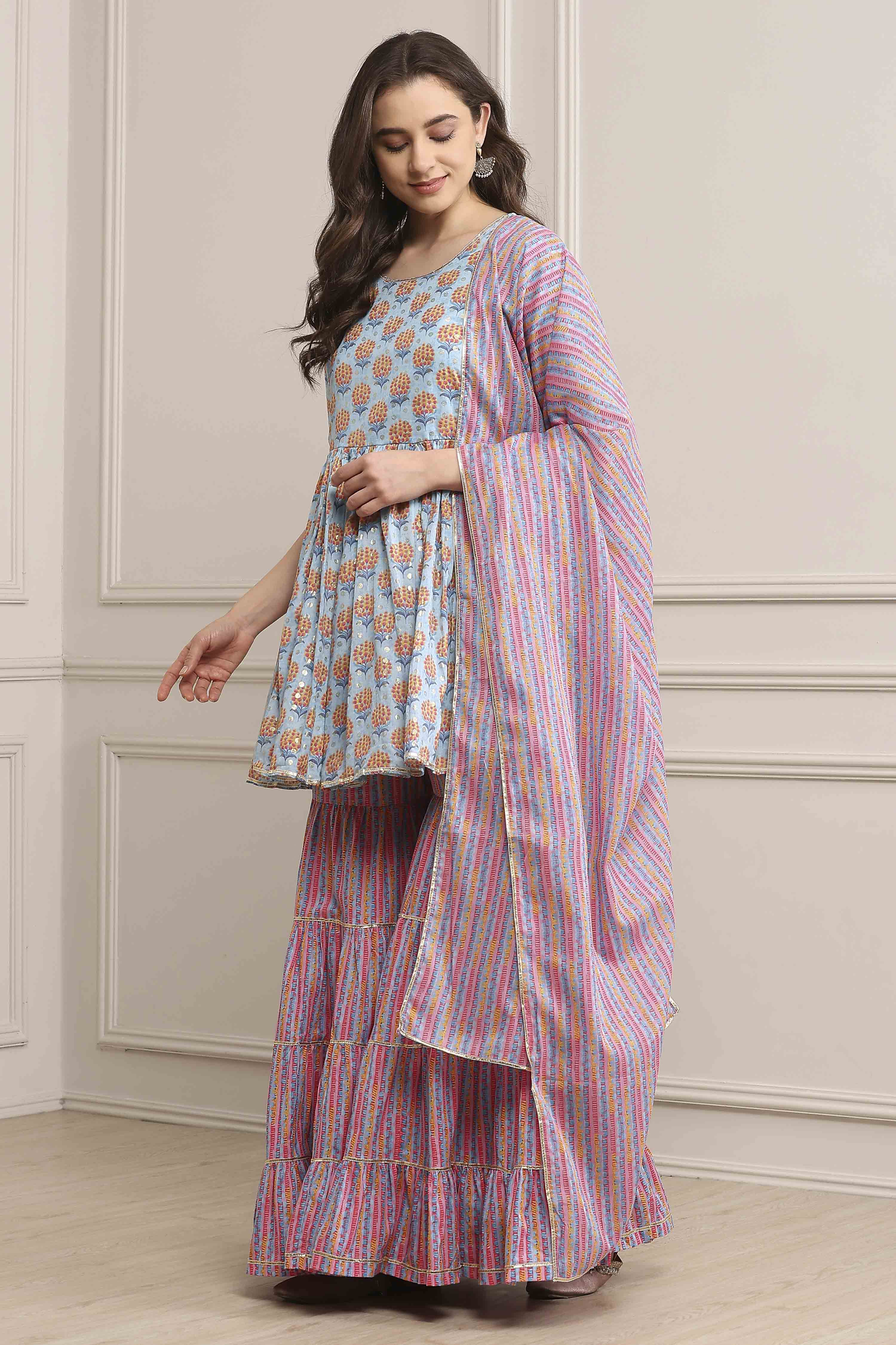 Light Blue Cotton Straight Kurta Garara Suit Set image number 3