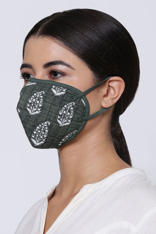 Green Cotton Flax Printed Face Mask image number 2