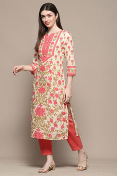 Pink Cotton Straight Kurta image number 2