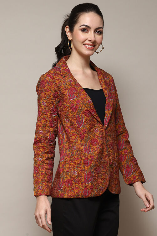 Mustard Polyester Straight Printed Jacket image number 3