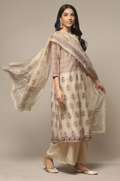 Off White Chanderi Hand Block Print Unstitched Suit Set image number 1