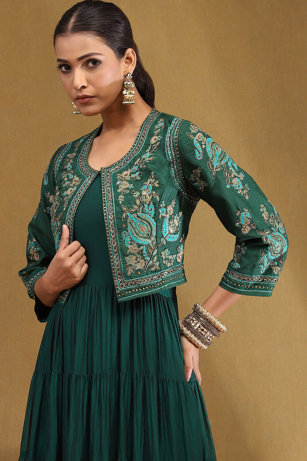 Emerald Green Silk Festive Tiered Anarkali Dress image number 1