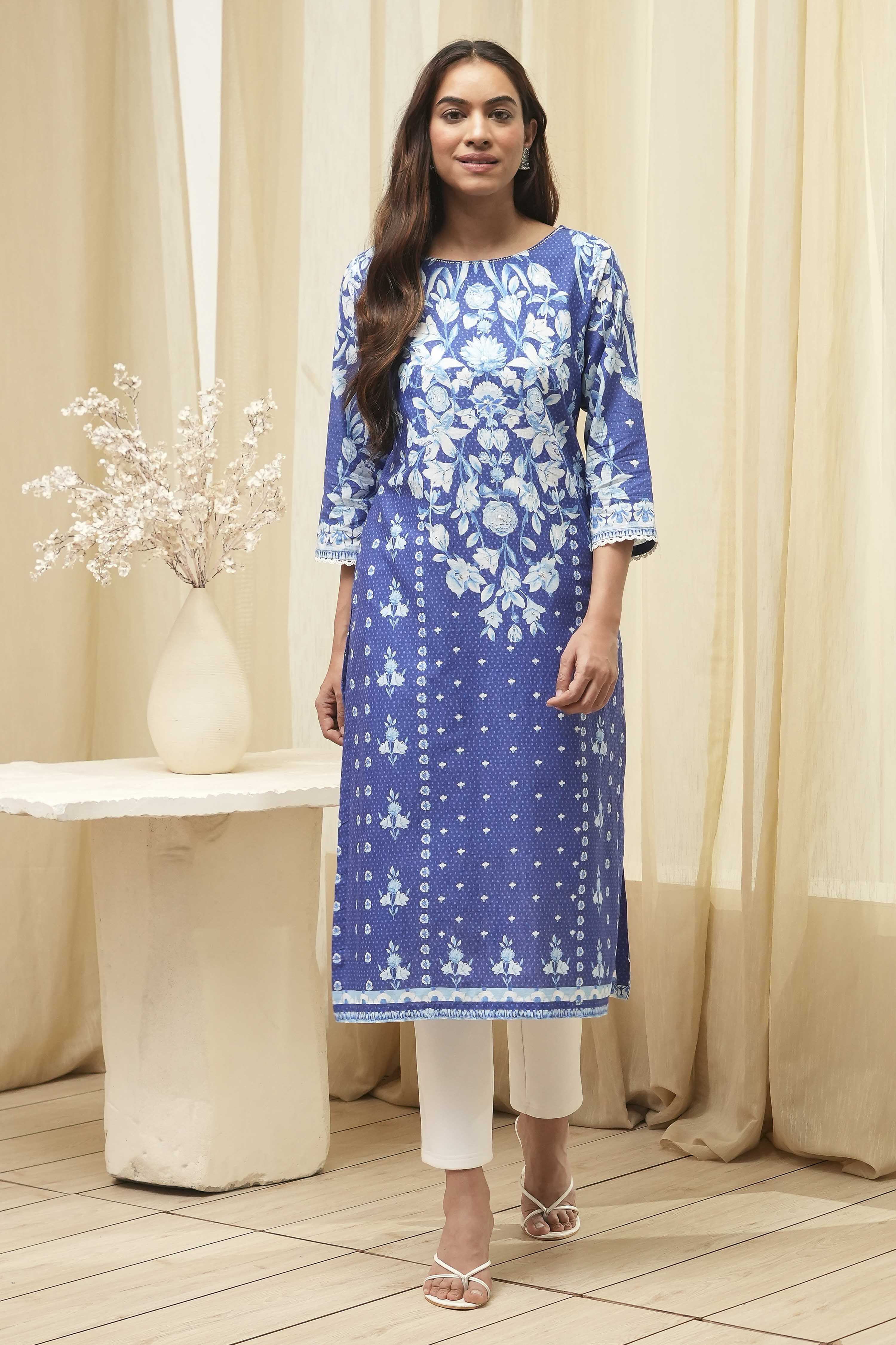 Blue Cotton Printed Straight Kurta image number 6