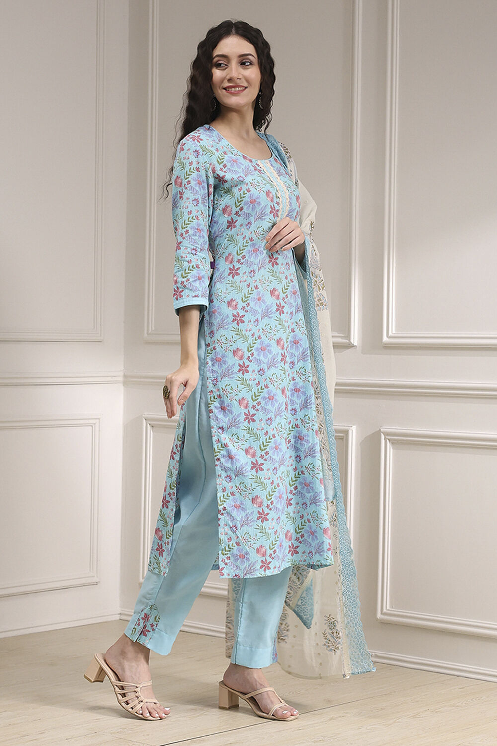 Turquoise Chanderi Handloom Unstitched Suit Set image number 6