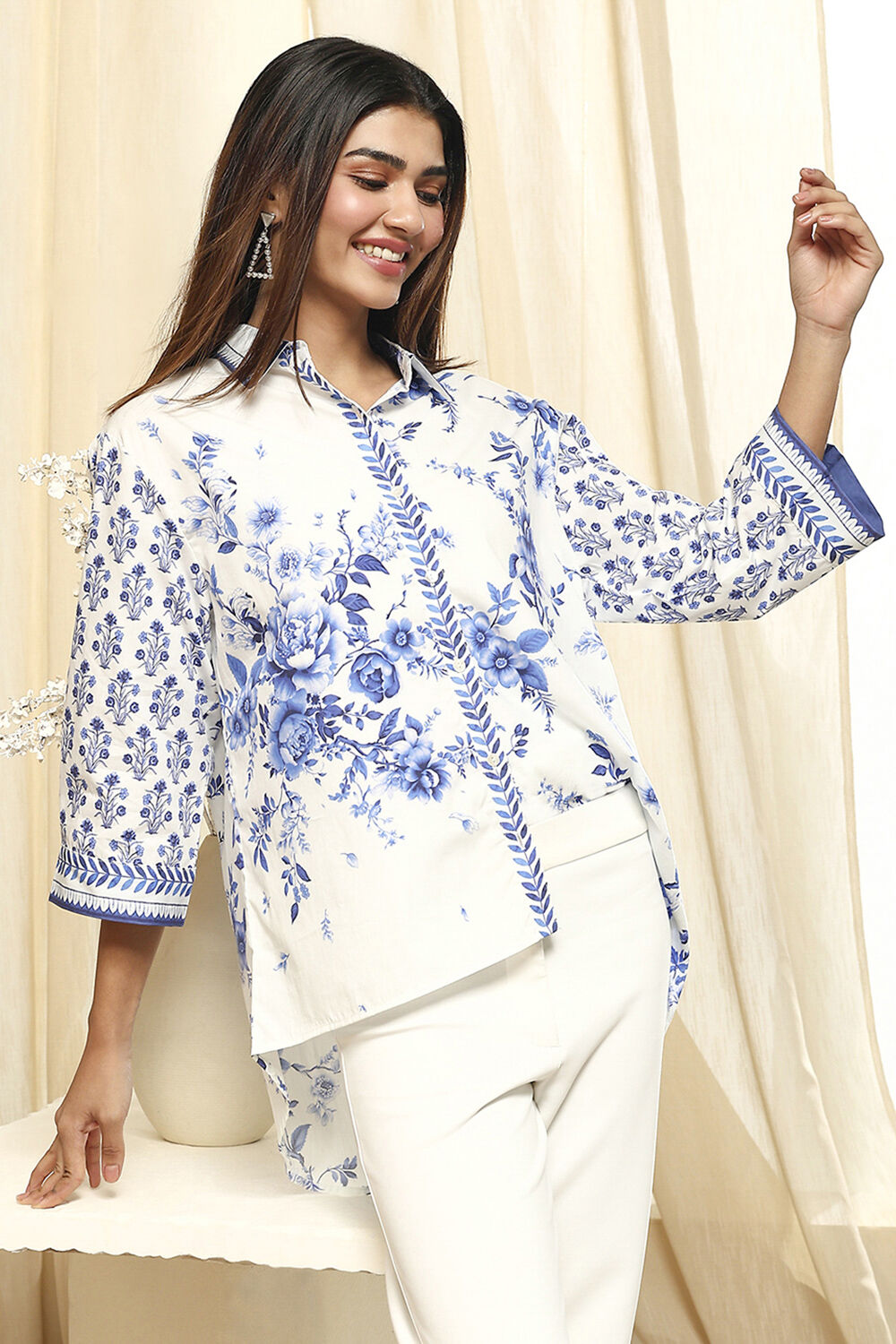 White and Blue Cotton High-Low Straight Shirt image number 0
