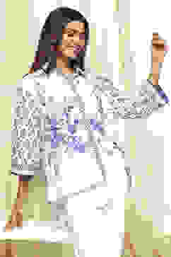 White and Blue Cotton High-Low Straight Shirt image number 0