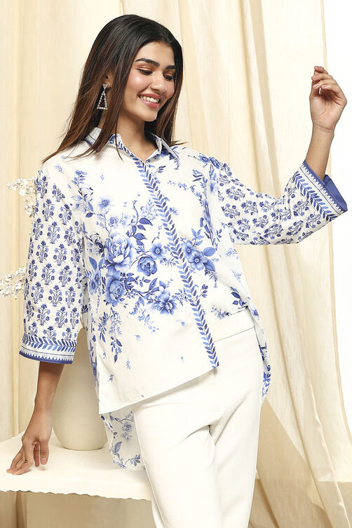 White and Pink Cotton High-Low Straight Shirt image number 0