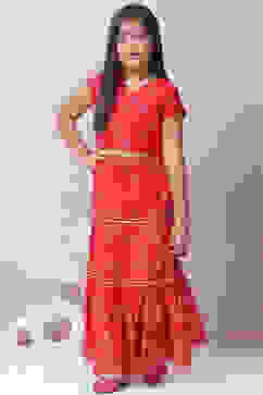 Red Art Silk Printed Short Top Lehenga Set image number 0