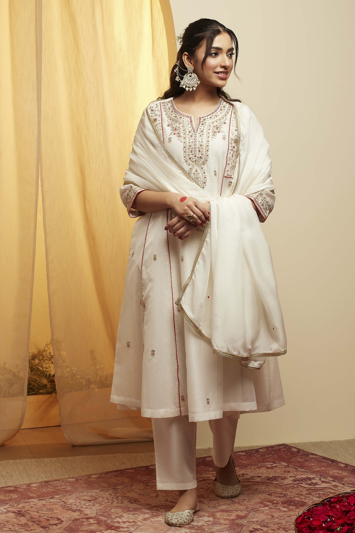 Off White Polyester Straight Suit Set