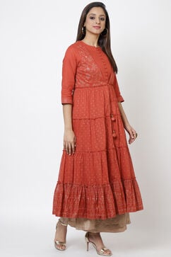 Rust Cotton Flared Printed Kurta image number 4