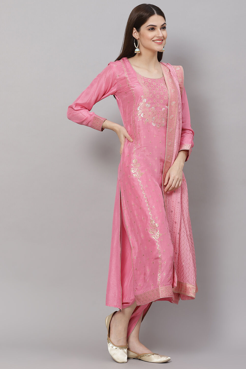 Light Brown Silk & Tussar Machine Embroidered Unstitched Suit Set image number 5