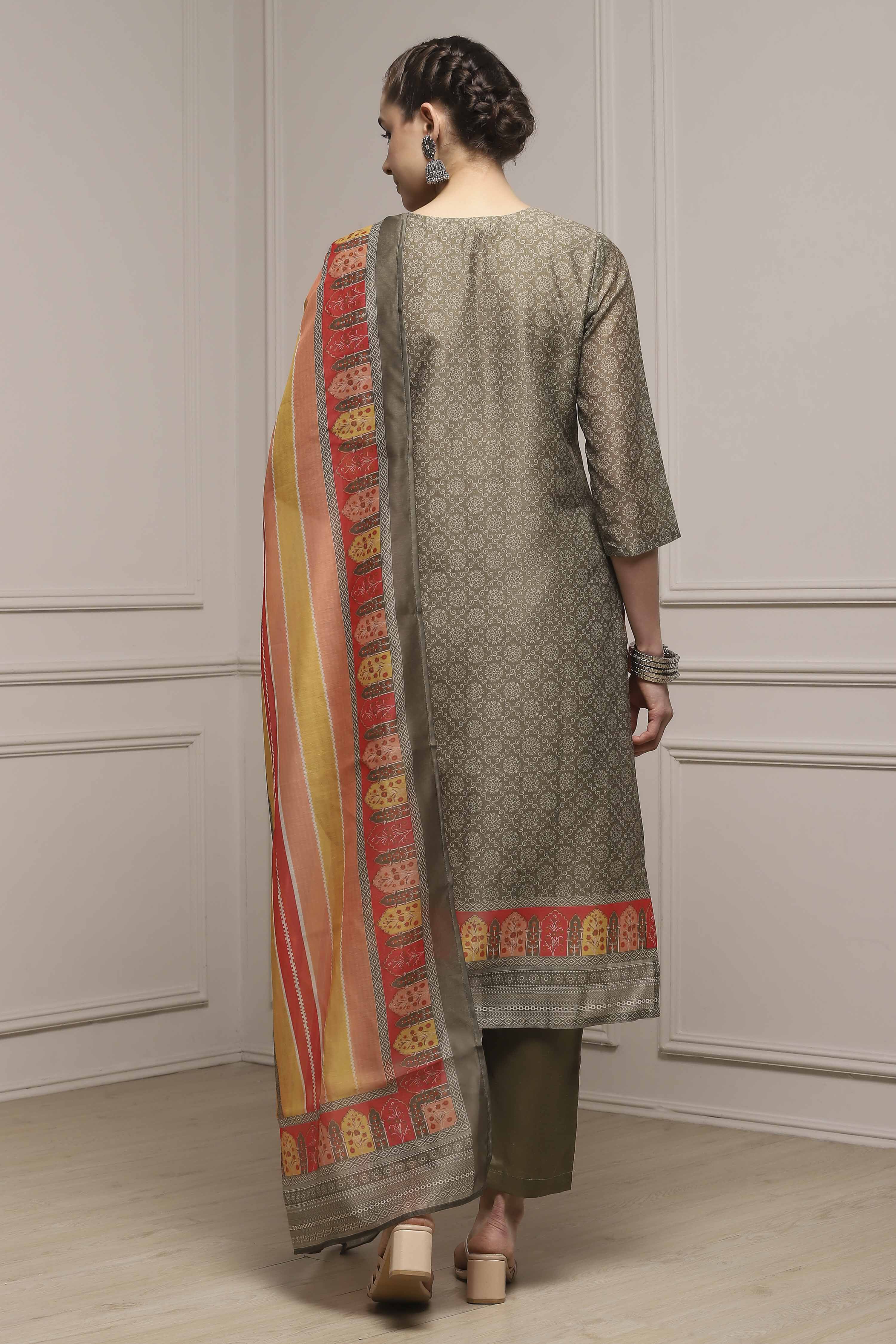 Assorted Chanderi Blend Printed Embroidered Unstitched Suit Set image number 5