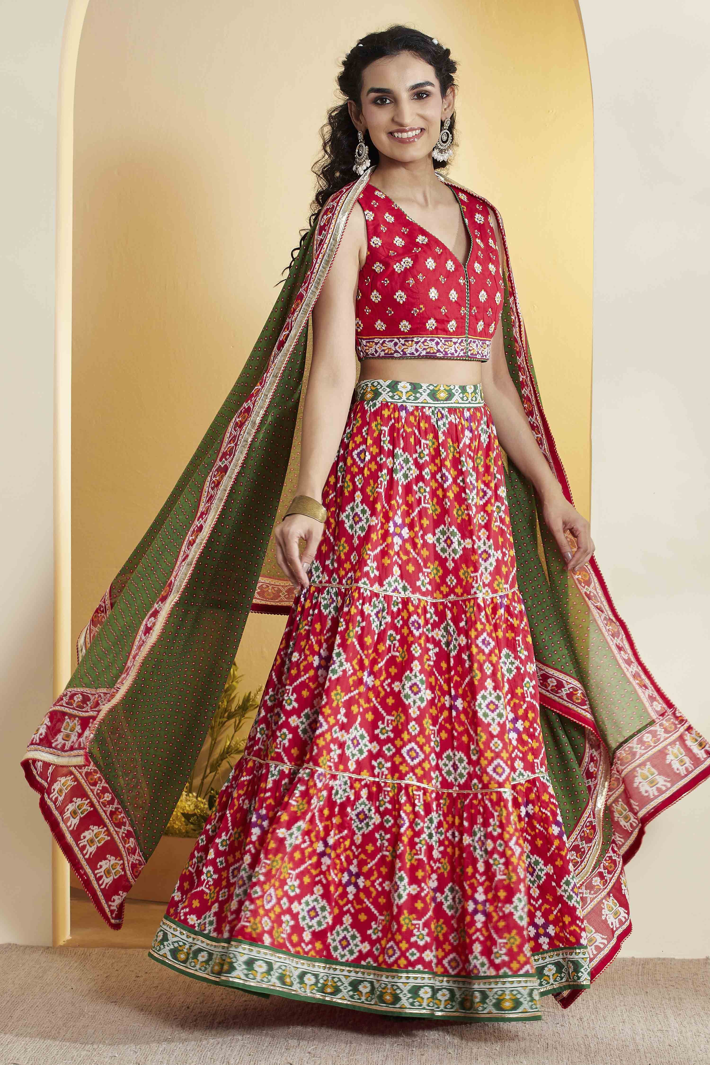 Red Cotton Gathered Lehenga Set image number 0
