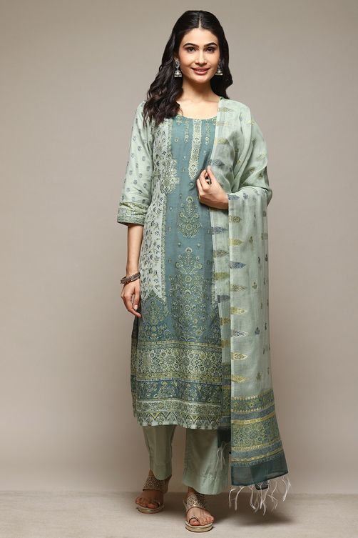 Green Cotton Blend Straight Yarndyed Kurta Suit Set image number 7