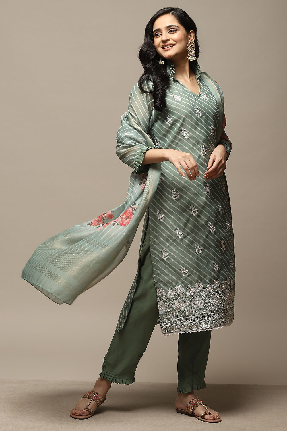 Green Cotton Digital Print Unstitched Suit Set image number 1