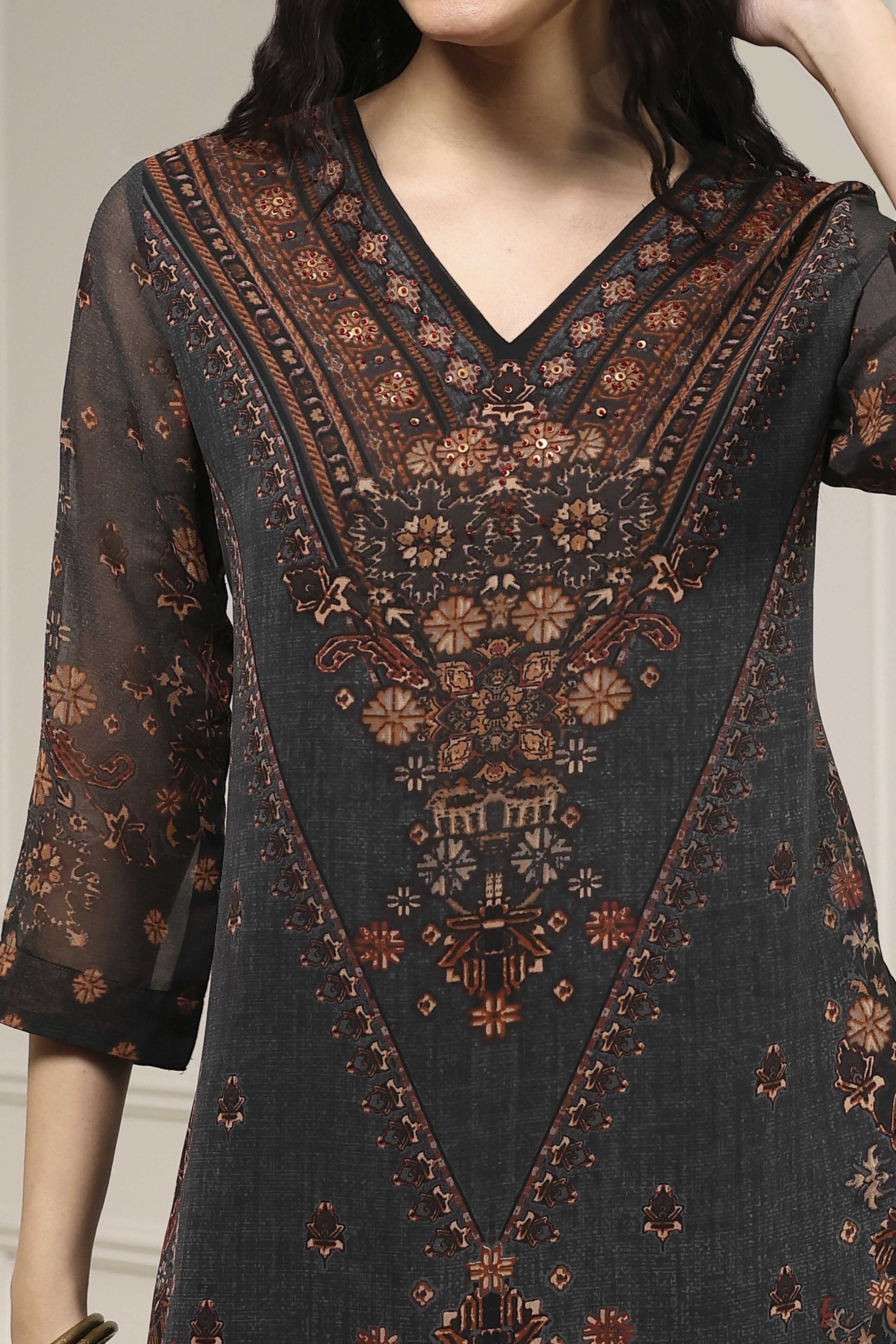 Charcoal Black Printed Straight Suit Set image number 1