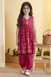Pink Cotton Printed Gathered Kurta Pants Set